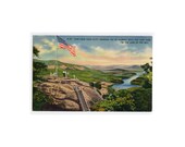 Lake Lure NC postcard - Blue Ridge Mountains, Chimney Rock, North Carolina high cliff, mountain scenery, patriotic flag