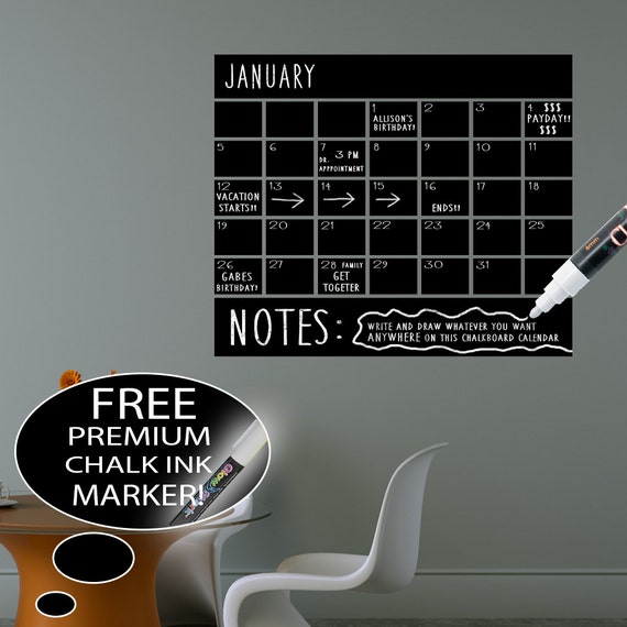 Vinyl Chalkboard Calendar Wall Decal by HappyWallz on Etsy