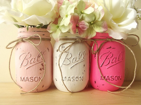 Three Mason Jars Painted Mason Jars Rustic Style by curiouscarrie