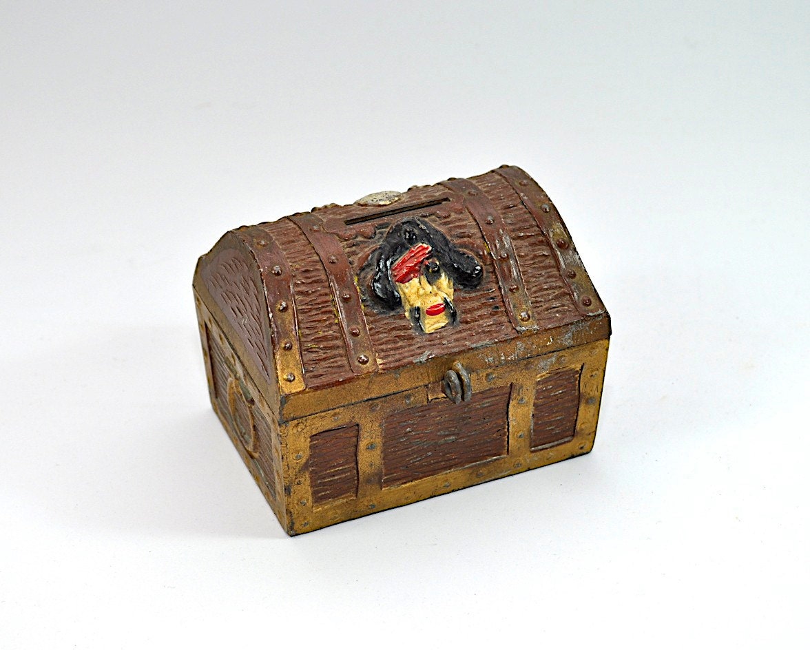 Vintage Savings Bank Pirate Treasure Chest Metal Piggy