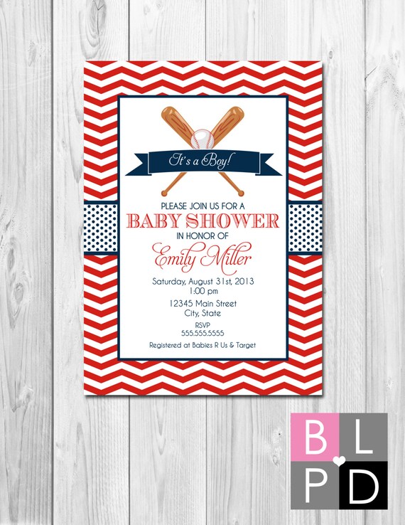 Baseball Baby Shower Invitation - Chevron Stripes - Red and Navy - DIY - Printable Il_570xn