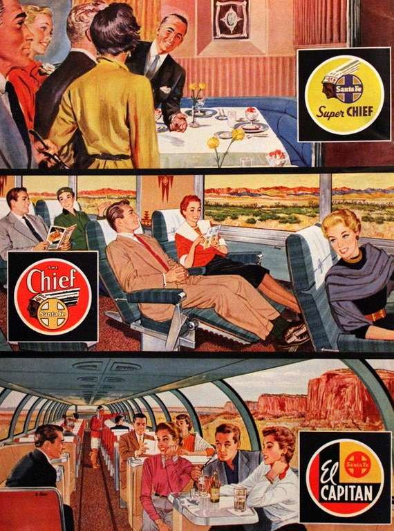 1954 Santa Fe Railroad Ad - Retro Vintage Travel Advertising - Train Cars - Super Chief - Chief - El Capitan - 1950s - Wall Art
