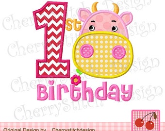 Cow 1st Birthday Machine Embroidery Design -4x4 5x5 6x6"