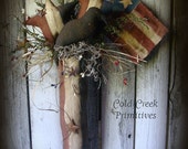Primitive Americana Stocking with Crow & Stars Wall Hanger