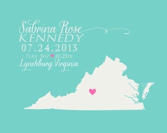 Baby Gift, Gift for Newborn - Custom Art Print, Birth Announcement, Boy or Girl, Gender Neutral. Map, Location of Birth, Birthday GIFT