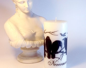 The Raven Nevermore Gothic Candle Halloween Decor - Black and White Candle - Poe Decor - Gothic Home Decor - Crow Decor - Halloween Candle