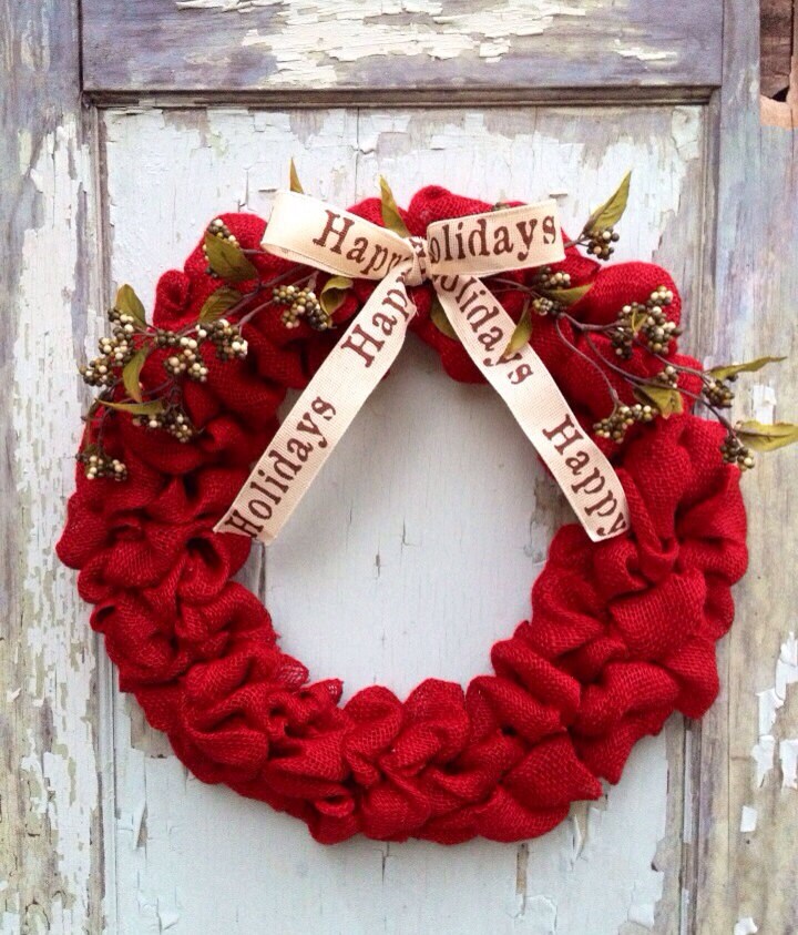 Red Burlap Christmas Wreath - Happy Holidays