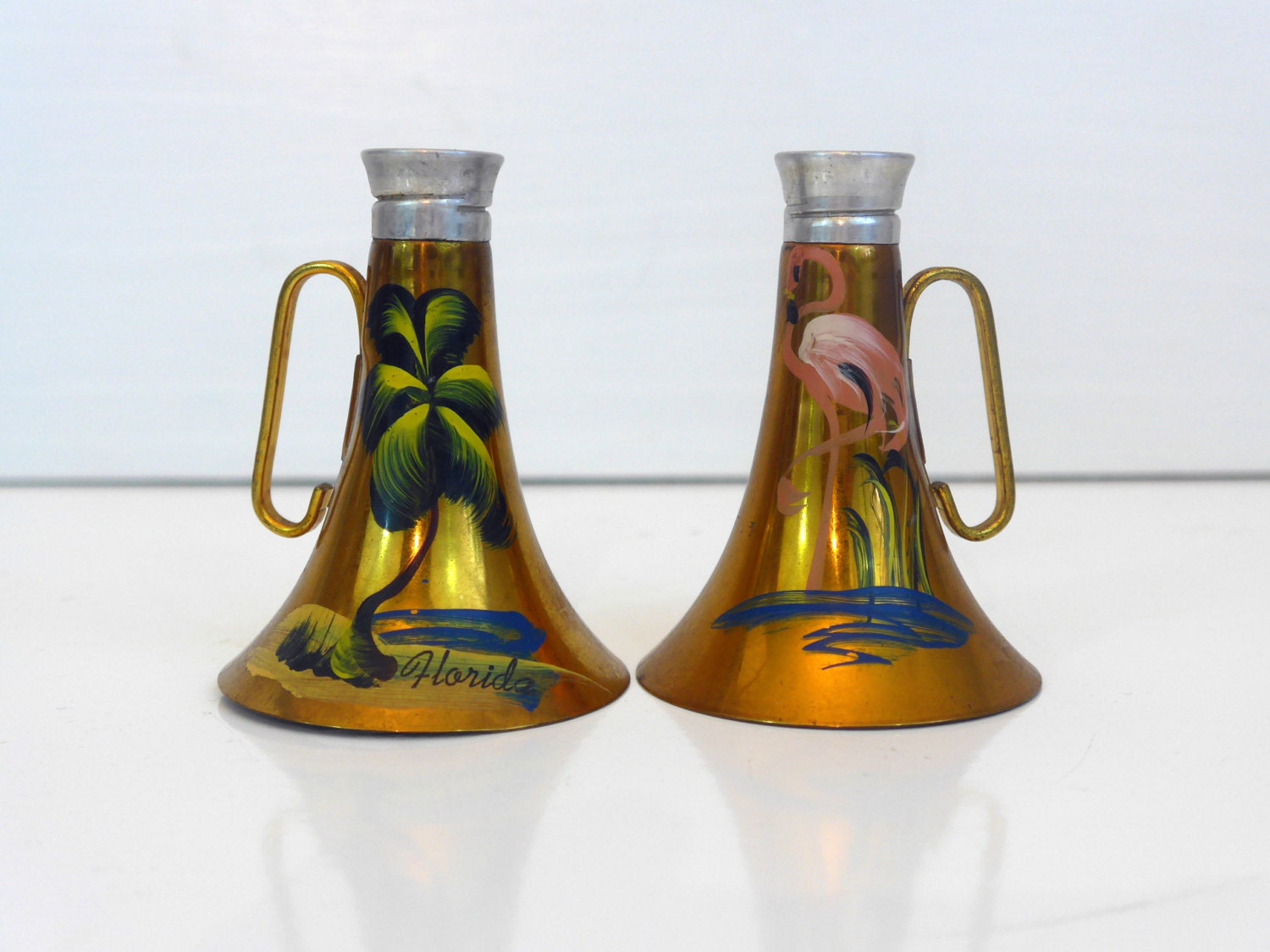 Brass Salt and Pepper Shakers Glass Inserts Mid Century Circa