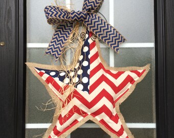 Patriotic Star Burlap Door Hanger, American Flag Chevron Door Hanger; 4th of July American Star; USA Burlap Wreath; 4th of July Decoration