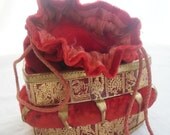 Vintage Red Velvet Bucket Bag. Draw string. Gold decoration. Evening bag.