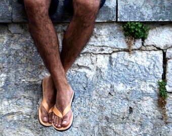 Mens Leather Sandals, Mens Flip Flops in Natural Brown, mens gift