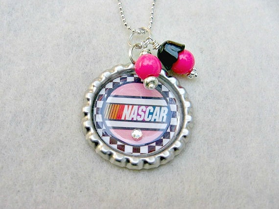 Nascar Pink and Black Bottlecap Pendant Necklace/Nascar