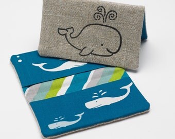 Business Card Case, Credit Card Holder, Fabric Nautical Gift Card Wallet in Organic Blue Whale