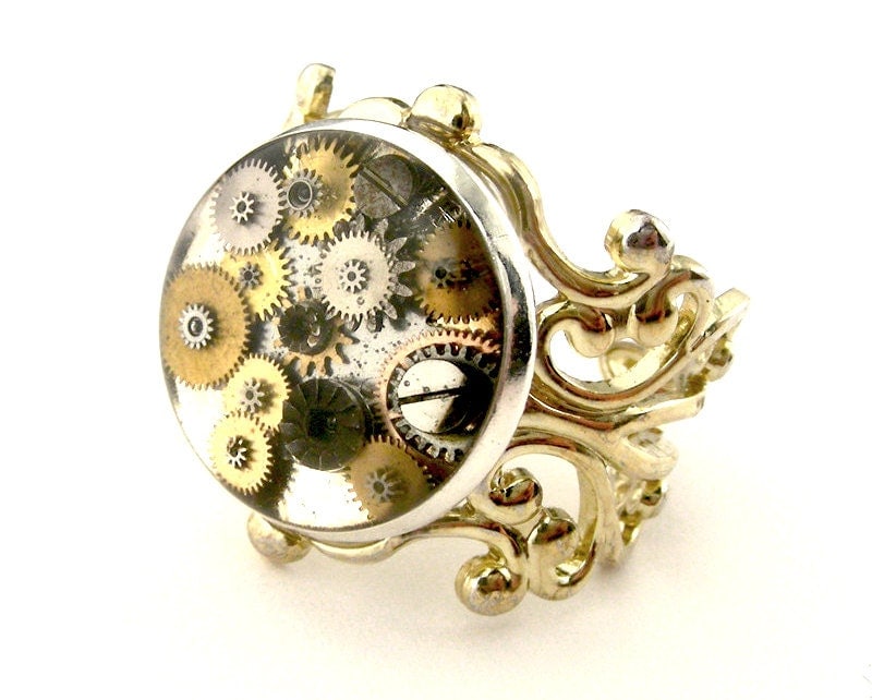 Gold Steampunk Resin Ring Victorian Filigree Adjustable Ring ( mechanical watch movement parts in resin )