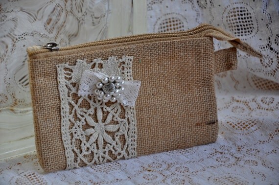 Burlap Cosmetic Bags with Shabby Chic by RekindledPleasures