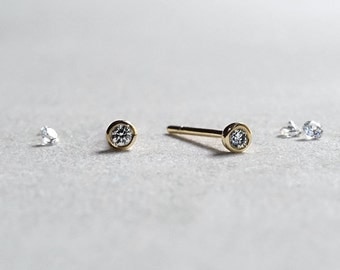 14k Gold Bezel Set Circle Diamond Stud Earrings - 2mm Brilliant Diamond - Gift for Her - Simple Minimalist Everyday Jewelry LITTIONARY
