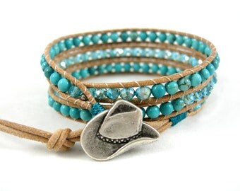 Country Western Bracelet, Triple Wrap Turquoise Bracelet, Cowboy / Cowgirl Bracelet, Southwestern Bracelet