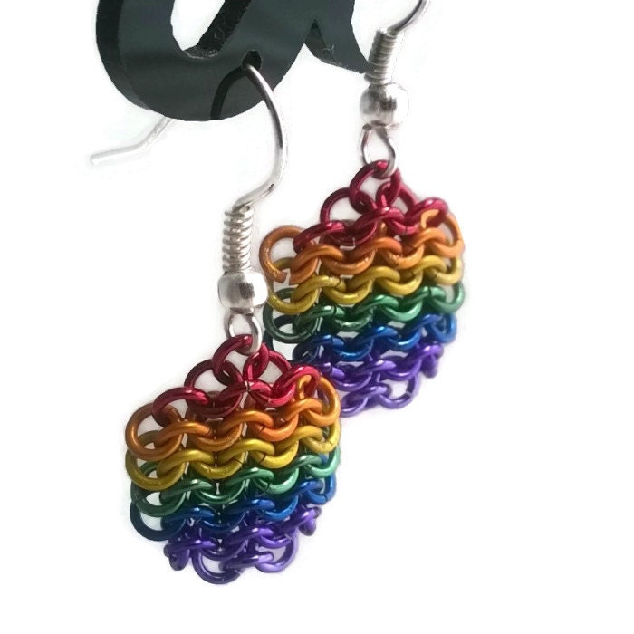 Rainbow Chainmaille Earrings Lgbt Pride Earrings Round