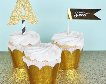 Gold Cupcake Wrapper Gold Cupcake Liner Wrapper for Gold Wedding or Baby Shower Golden 1st Birthday Party Decor (EB3033) set of 12 Wrappers