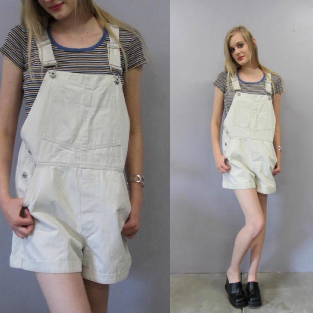 Vintage 90s Khaki Denim Bib Overalls Short Overalls Romper