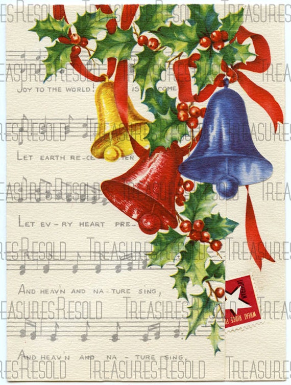 Retro Joy To the World Music Bells Christmas Card 162 Digital