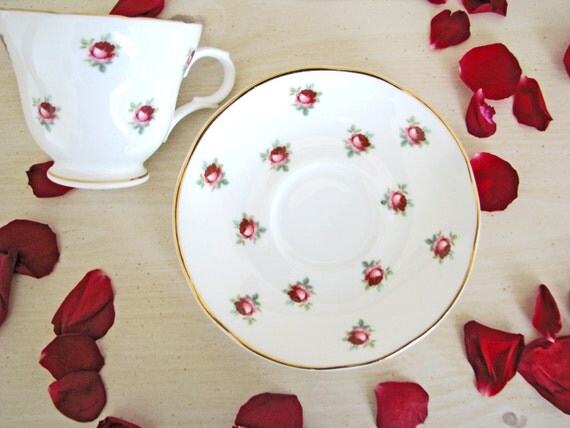 England Teacup - Vintage Staffordshire English Tea Cup and Saucer - Crown Trent - Fine Bone China - Red Ditsy Rose Rosebud - Gold Trim Rim