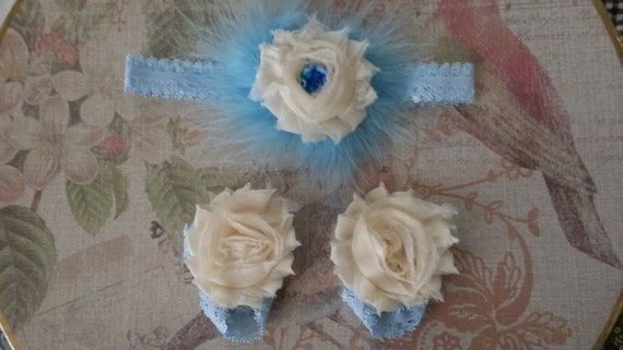 Blue and Ivory Headband and Barefoot Sandal Baby Set,  Barefoot Sandal Set, Free Shipping