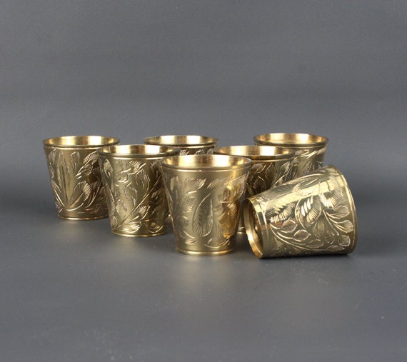 Vintage Brass Shot Glasses Etched Brass S7 By Barwitched On Etsy 4090