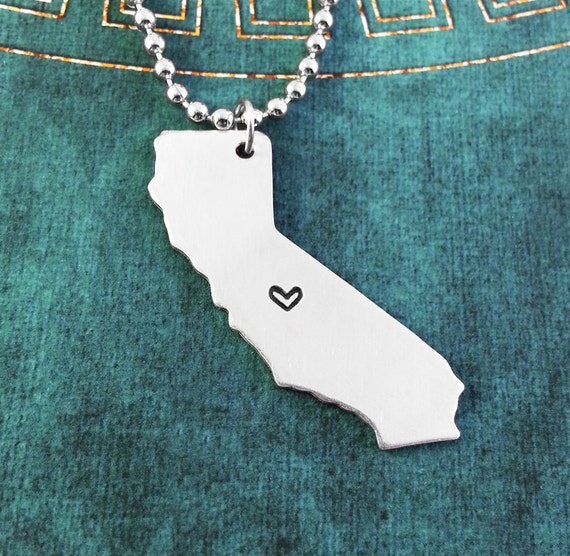 California Necklace Personalized Jewelry Hand Stamped Long Distance Relationship Girlfriend Gift Couples Necklace Heart Map State Necklace