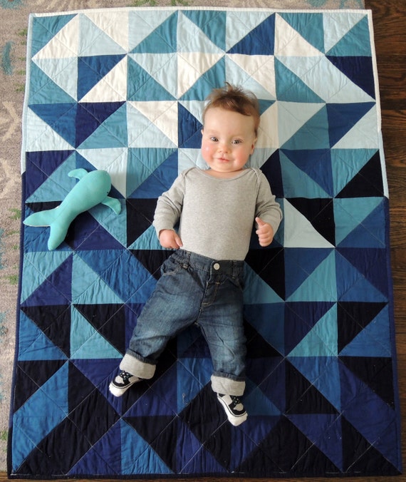 Modern Indigo Ombre Triangles Unisex Baby Quilt and Playmat