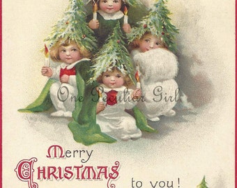 Vintage Christmas Postcard, Vintage Postcard, Little Children Dressed as Christmas Trees, Christmas Image, Postcard Image, INSTANT download
