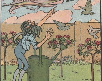 FLORENCE HARRISON Original Vintage Children's Print "The Windy Witch was Gone" from 1912- Art Deco - Matted -Ready to Frame
