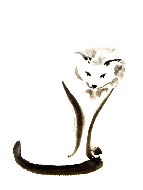  Minimalist  Cat  Watercolor Painting Art Print by 