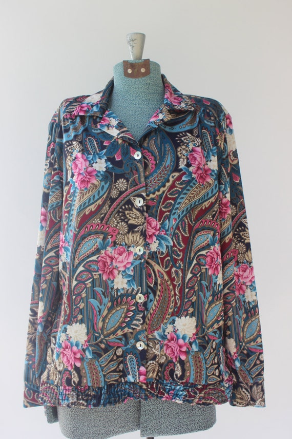 1980s Floral Paisley Blouse // Vintage 80s Collared Button