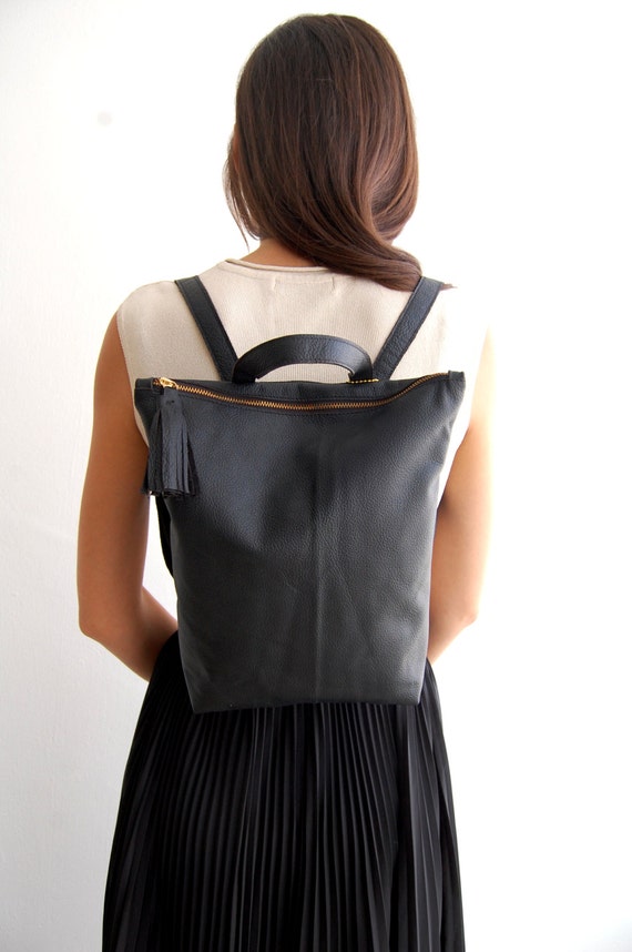 Black leather backpack school backpack by Albertinaboutique