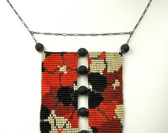 Loom Beaded Necklace, red and black, Poppy Necklace, seed bead necklace, loom beading, loom work, beaded poppies, handmade