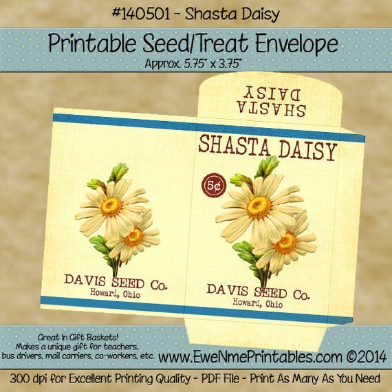 Items similar to Shasta Daisy Seed Packet Printable - Primitive Vintage ...