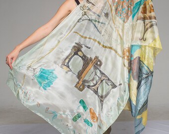Hand painted silk shawl-Dressmaker atelier. Aqua Gray Oversized scarf. Luxury scarf handpainted Unique handmade scarf Fashionista gift KA17