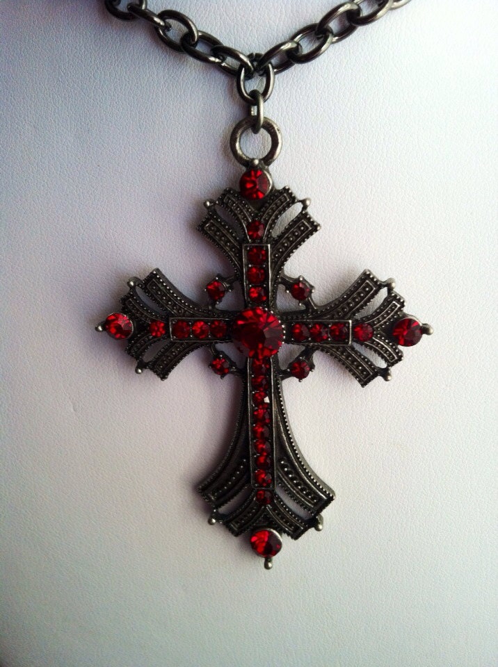 Gunmetal and red crystal Victorian gothic cross pendant long