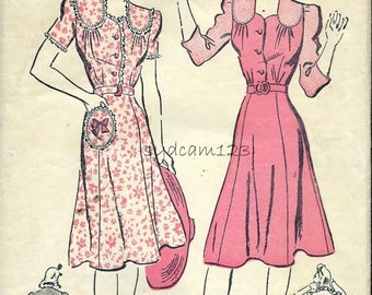 Vintage 1940s Shirtwaist Dress Shaped Shoulder Yokes Flared Skirt Round Pocket 1942 Advance 2752 Bust 32