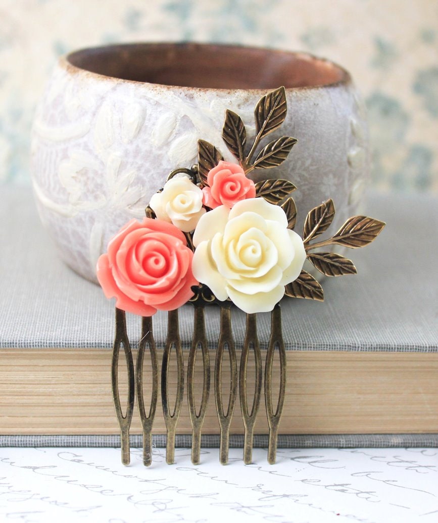 Flower Hair Comb Coral Rose Comb Flowers for by apocketofposies
