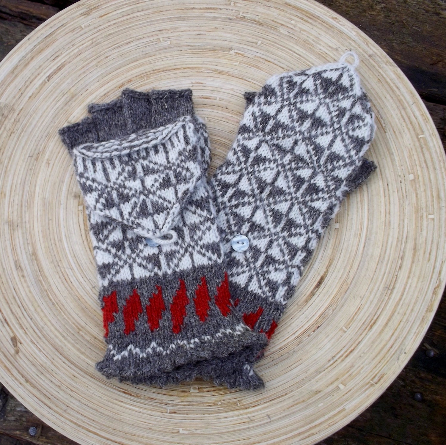 hand knitted wool convertible mittens patterned hooded