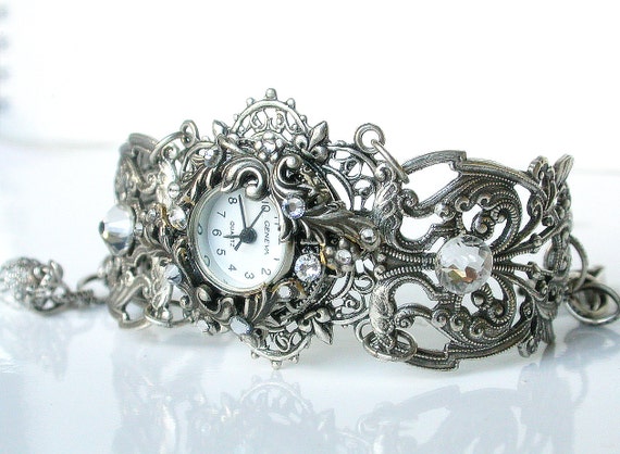 watches womens vintage unique Watch Floral Women by Silver LeBoudoirNoir Ladies Bracelet Watch