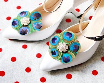 Peacock Shoe Clips Feather Shoe Clips - Wedding Shoes Clips Bridal Shoes Clip Rhinestones Shoes Clip
