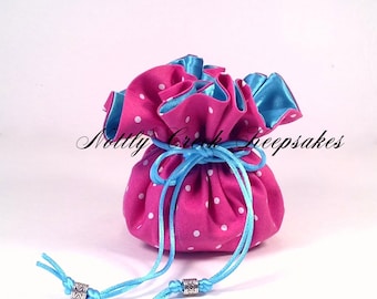 Jewelry Drawstring Pouch / Travel Bag / Tote / Store Jewelry / Cosmetics / Pink and Small White Polka Dots lined in Turquoise Satin