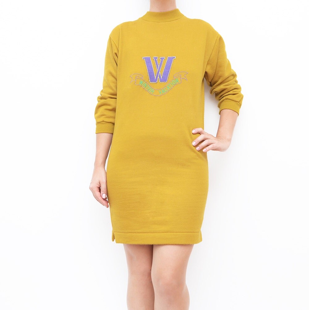 Vintage mustard yellow sweater dress / minidress women 90s S