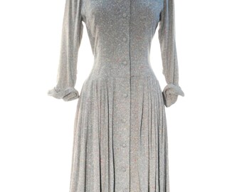 SALE 1940s Dress // 40s Clothing // WWII Dress // Pleated Grey Knit // Button Front // Midi Dress // Long Sleeves // Long Sleeved