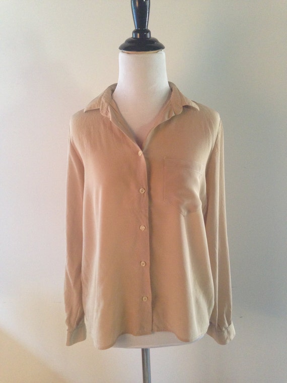 70s silk blouse beige cream long sleeve shirt S M by RositaVintage