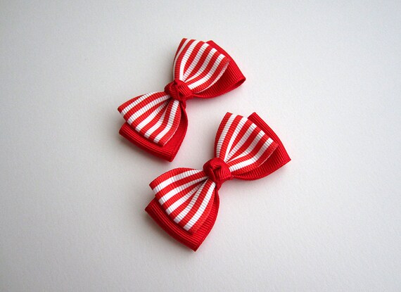 Red Striped Bow Hair Clip Set - Covered Alligator Clip Finish - Pigtails Bow Clip Set