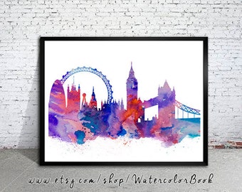 London Watercolor Illustration Print, London Painting, London art, City Skyline, UK print, Home decor, Tower bridge, City Silhouette